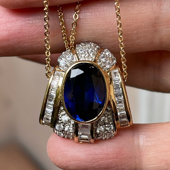 Kashmir sapphire cz gold plated solid sterling silver pendant & gold tone chain - Picture 7 of 7